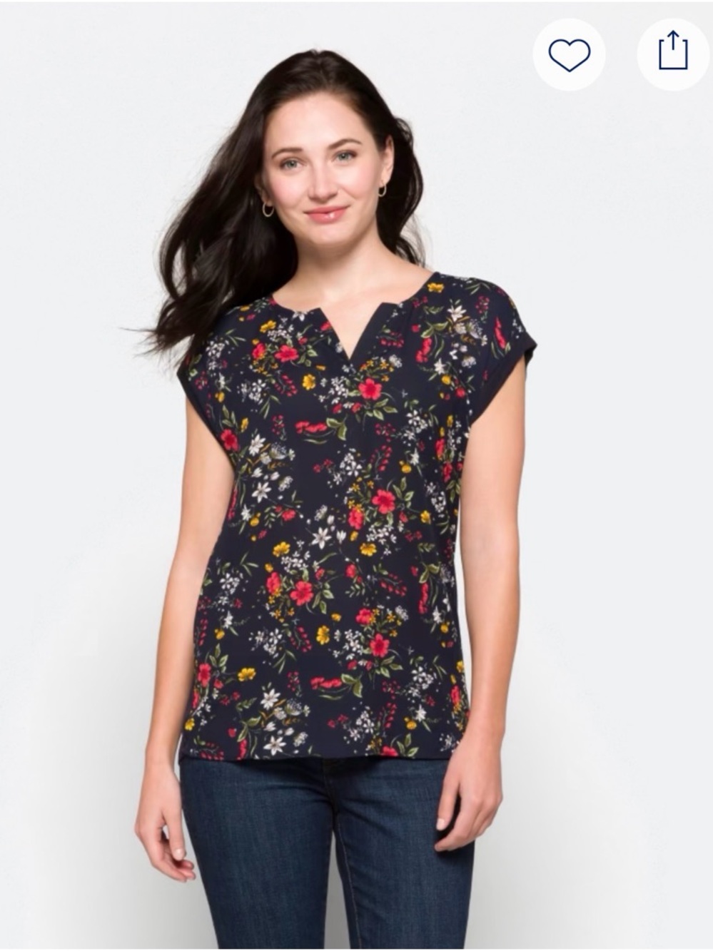 Floral V-Neck Women's Top - Navy and Red